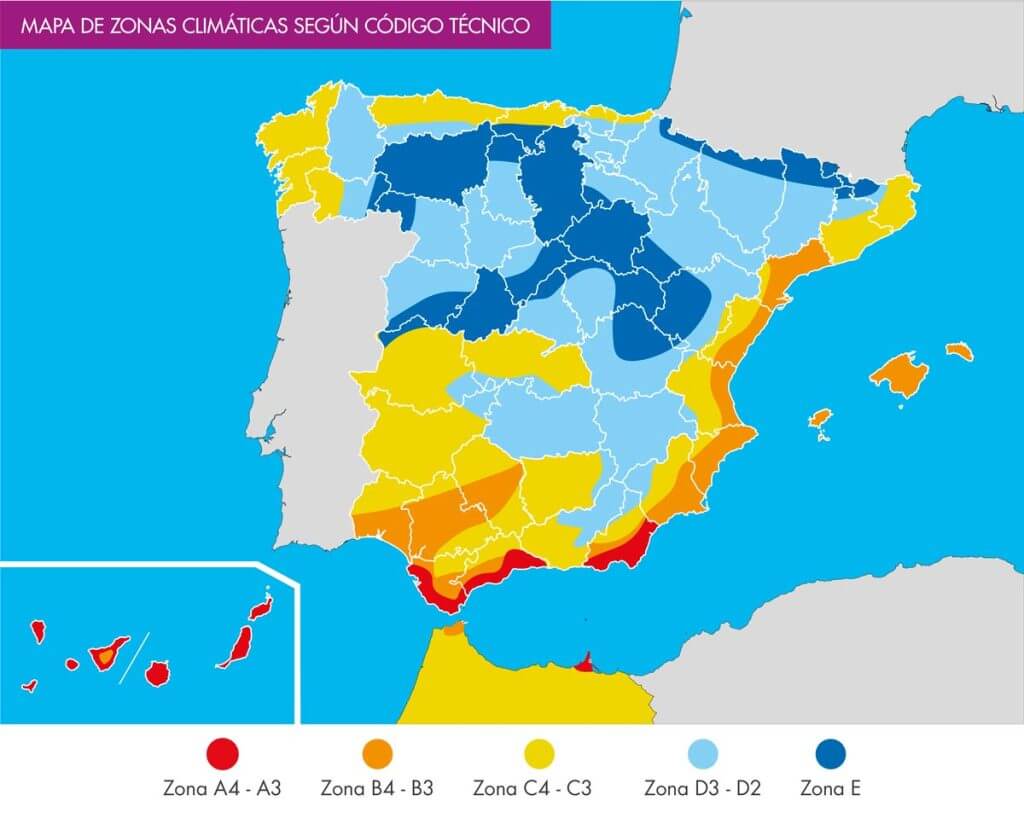 Mapa de zonas climáticas de acuerdo al CTE
